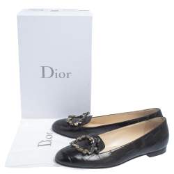 Pre Owned Dior Black Croc Embossed Leather Crystal Embellished Slip On Loafers Size 41