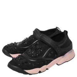 Pre Owned Dior Black Fabric And Mesh Fusion Embellished Low Top Sneakers Size 39