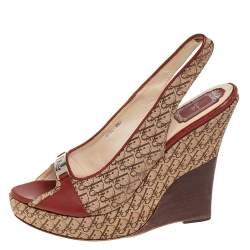 Dior Beige/Brown Oblique Canvas And Leather Wedge Sandals Size 41