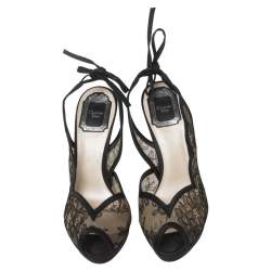 Pre Owned Dior Black Lace And Satin Ankle Tie Slingback Platform Sandals Size 37