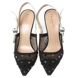 Pre Owned  Dior Black Mesh And Fabric Polka Dot J'Adior Ribbon Slingback Sandals Size 37.5