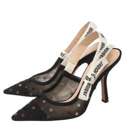 Pre Owned  Dior Black Mesh And Fabric Polka Dot J'Adior Ribbon Slingback Sandals Size 37.5