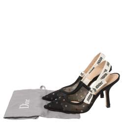 Pre Owned  Dior Black Mesh And Fabric Polka Dot J'Adior Ribbon Slingback Sandals Size 37.5
