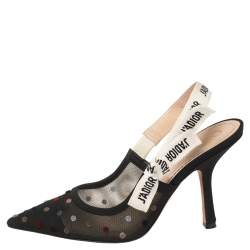 Pre Owned  Dior Black Mesh And Fabric Polka Dot J'Adior Ribbon Slingback Sandals Size 37.5