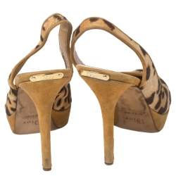 Dior Brown/Beige Leopard Print Calf Hair And Suede Slingback Platform Pumps Size 37