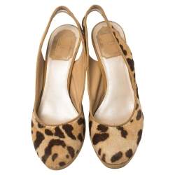 Dior Brown/Beige Leopard Print Calf Hair And Suede Slingback Platform Pumps Size 37