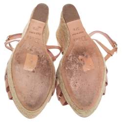 Pre Owned Dior Beige Patent Leather T-Strap Espadrille Wedge Sandals Size 37.5