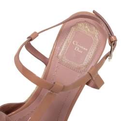 Pre Owned Dior Beige Patent Leather T-Strap Espadrille Wedge Sandals Size 37.5
