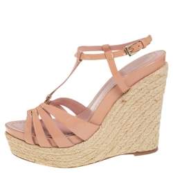 Pre Owned Dior Beige Patent Leather T-Strap Espadrille Wedge Sandals Size 37.5