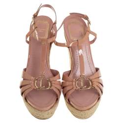 Pre Owned Dior Beige Patent Leather T-Strap Espadrille Wedge Sandals Size 37.5