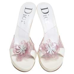 Pre Owned Dior White Patent Leather And Monogram PVC Platform Slide Sandals Size 38.5