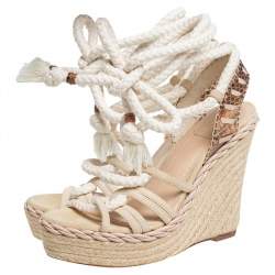 Pre Owned Dior Beige Suede And Python Rope Espadrille Wedge Ankle Wrap Sandals Size 39