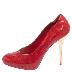 Pre Owned Dior Red Embroidered Leather Platform Pumps Size 38.5