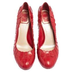 Pre Owned Dior Red Embroidered Leather Platform Pumps Size 38.5