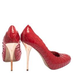Pre Owned Dior Red Embroidered Leather Platform Pumps Size 38.5