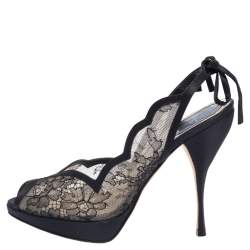 مملوكة مسبقًا Dior Black Lace And Satin Open Toe Slingback Sandals Size 38