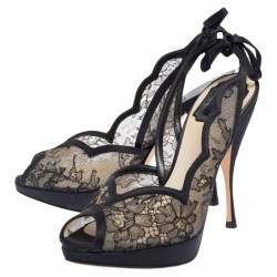 مملوكة مسبقًا Dior Black Lace And Satin Open Toe Slingback Sandals Size 38
