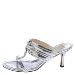 Dior Silver Leather T-Strap Slide Sandals Size 36.5