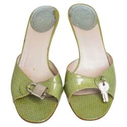Pre Owned Dior Green Monogram Patent Leather Lock and Key Open Toe Slide Mules Size 37