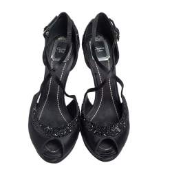 مملوكة مسبقًا Dior Black Satin Crystal Embellished Peep Toe Ankle Strap Sandals Size 39