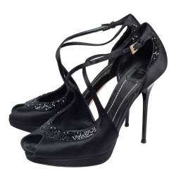 مملوكة مسبقًا Dior Black Satin Crystal Embellished Peep Toe Ankle Strap Sandals Size 39