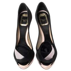 Pre Owned Dior Black/Pink Mesh Rose Detail Peep Toe Pumps Size 37.5