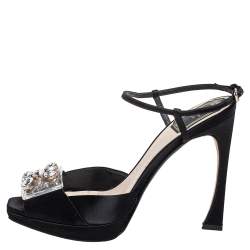 مملوكة مسبقًا Dior Black Satin and PVC Crystal Embellished Open Toe Platform Ankle Strap Sandals Size 38