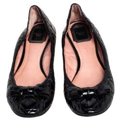 Pre Owned Christian Dior Black Patent Cannage Bow Ballet Flats Size 38.5