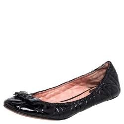 Pre Owned Christian Dior Black Patent Cannage Bow Ballet Flats Size 38.5