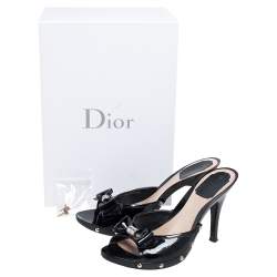 Dior Black Patent Leather Open Toe Bow Clog Sandals Size 38.5