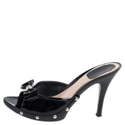 Dior Black Patent Leather Open Toe Bow Clog Sandals Size 38.5