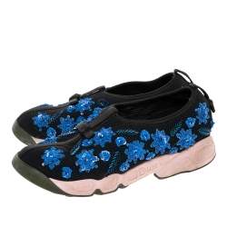 Pre Owned Dior Black/Blue Mesh Fusion Embellished Slip On Sneakers Size 36.5