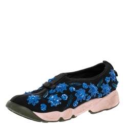 Pre Owned Dior Black/Blue Mesh Fusion Embellished Slip On Sneakers Size 36.5