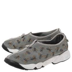 Pre Owned Dior Grey Bee Embellished Mesh Fusion Slip On Sneakers Size 38