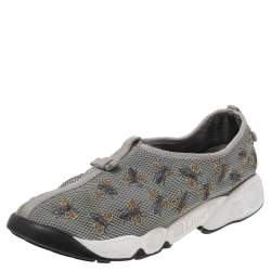 Pre Owned Dior Grey Bee Embellished Mesh Fusion Slip On Sneakers Size 38