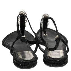 Dior Black Glitter Embellished Flat Sandals Size 39