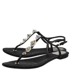 Dior Black Glitter Embellished Flat Sandals Size 39