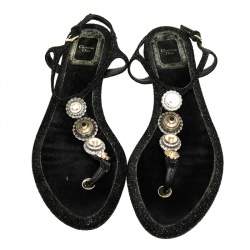 Dior Black Glitter Embellished Flat Sandals Size 39