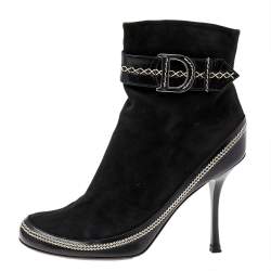 مملوكة مسبقًا Dior Black Suede And Leather CD Logo Ankle Boots Size 37