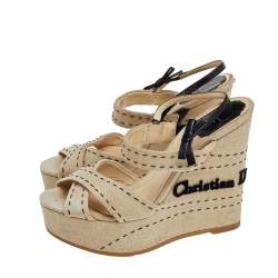 Pre Owned صندل ديور جلد وكانفاس بيج سيور متعاكسة كعب روكي نعل سميك فتحة كعب مقاس 37.5