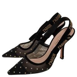 Pre Owned Dior Black Plumetis Mesh J'adior Studded Suede Pointed Toe Slingback Sandals Size 39
