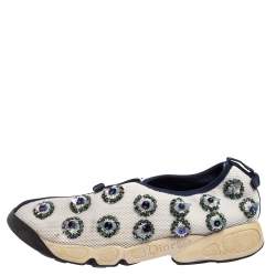 Pre Owned Dior White/Navy Blue Mesh Fusion Embellished Slip On Sneakers Size 39