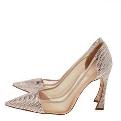 مملوكة مسبقًا Dior Beige Crystal Embellished Suede And Mesh Pointed Toe Pumps Size 36.5