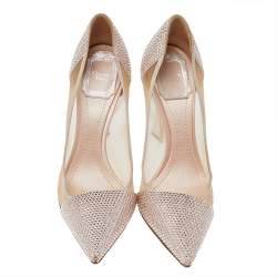 مملوكة مسبقًا Dior Beige Crystal Embellished Suede And Mesh Pointed Toe Pumps Size 36.5