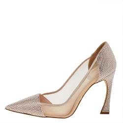 مملوكة مسبقًا Dior Beige Crystal Embellished Suede And Mesh Pointed Toe Pumps Size 36.5