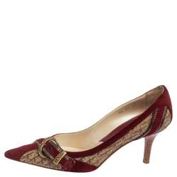 مملوكة مسبقًا Dior Burgundy/Beige Diorrisimo Canvas and Suede Buckle Pointed Toe Pumps Size 38