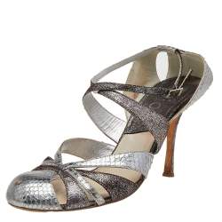 Pre Owned Dior Silver Python Embossed Leather Ankle Strap Sandals Size 40