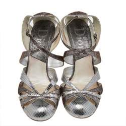 Pre Owned Dior Silver Python Embossed Leather Ankle Strap Sandals Size 40