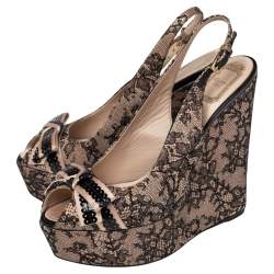 Pre Owned Dior Black/Beige Lace and Satin Bow Slingback Platform Wedge Sandals Size 41