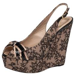 Pre Owned Dior Black/Beige Lace and Satin Bow Slingback Platform Wedge Sandals Size 41